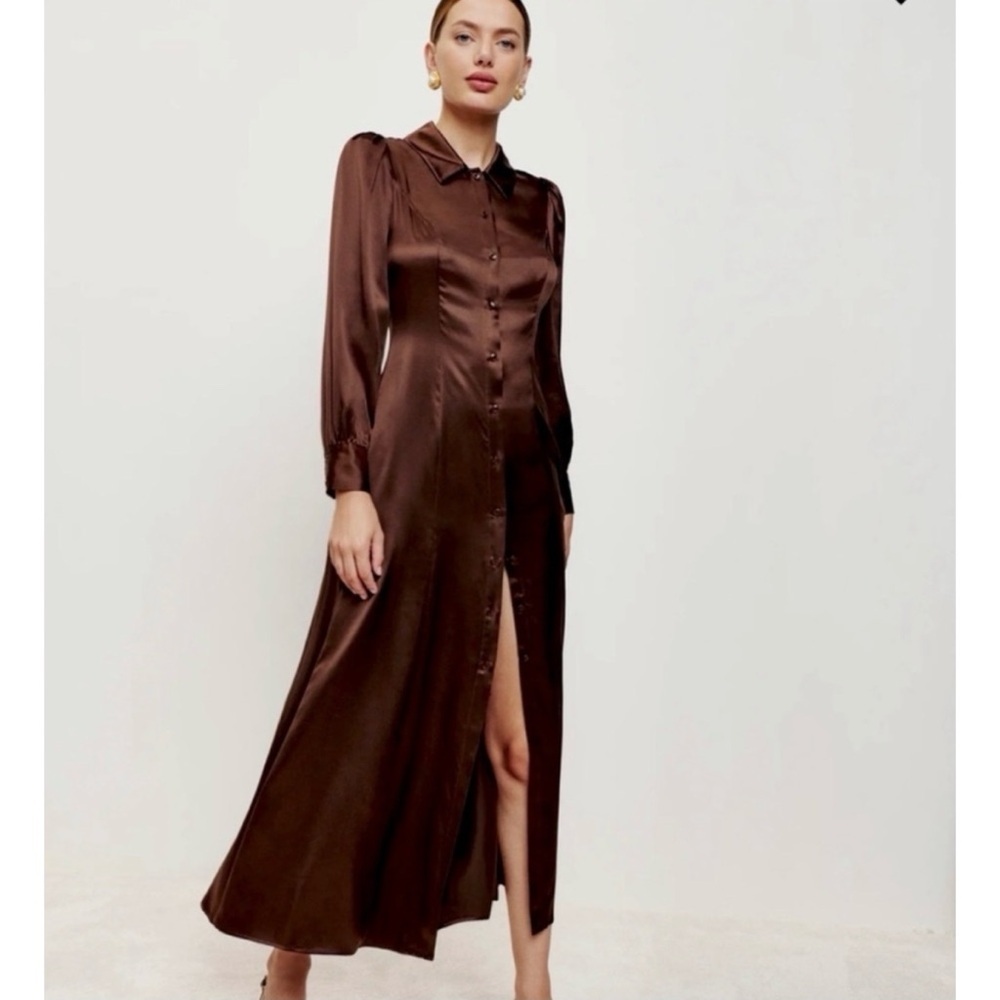 Reformation Catalina Long-Sleeve Silk Dress Brown Size 0